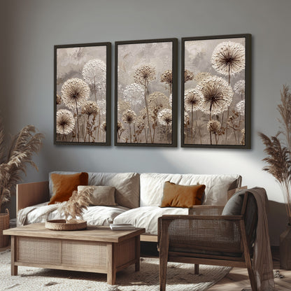 Textured dandelion painting 3 piece framed canvas in a rustic living room
