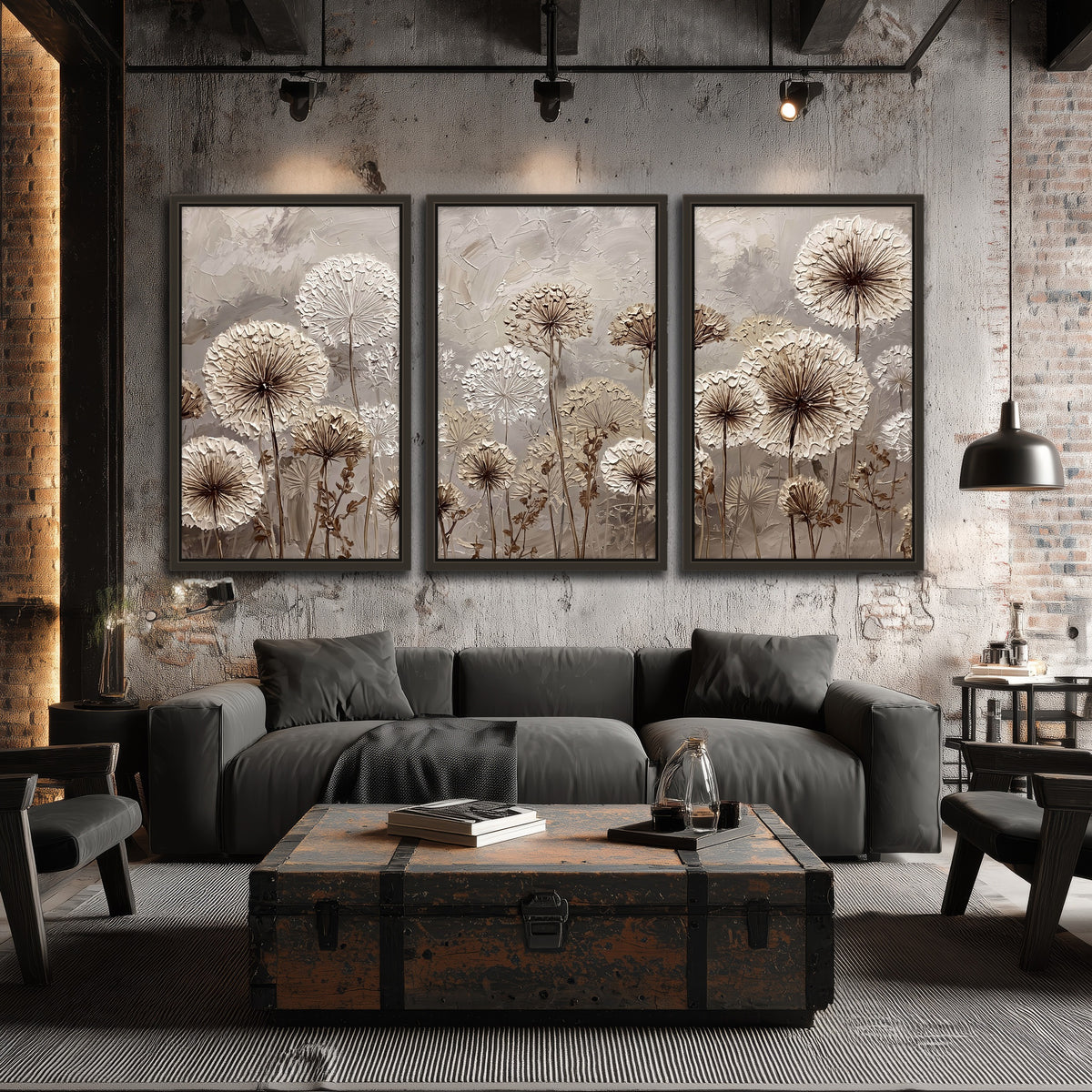 Textured dandelion painting 3 piece framed canvas in an industrial loft