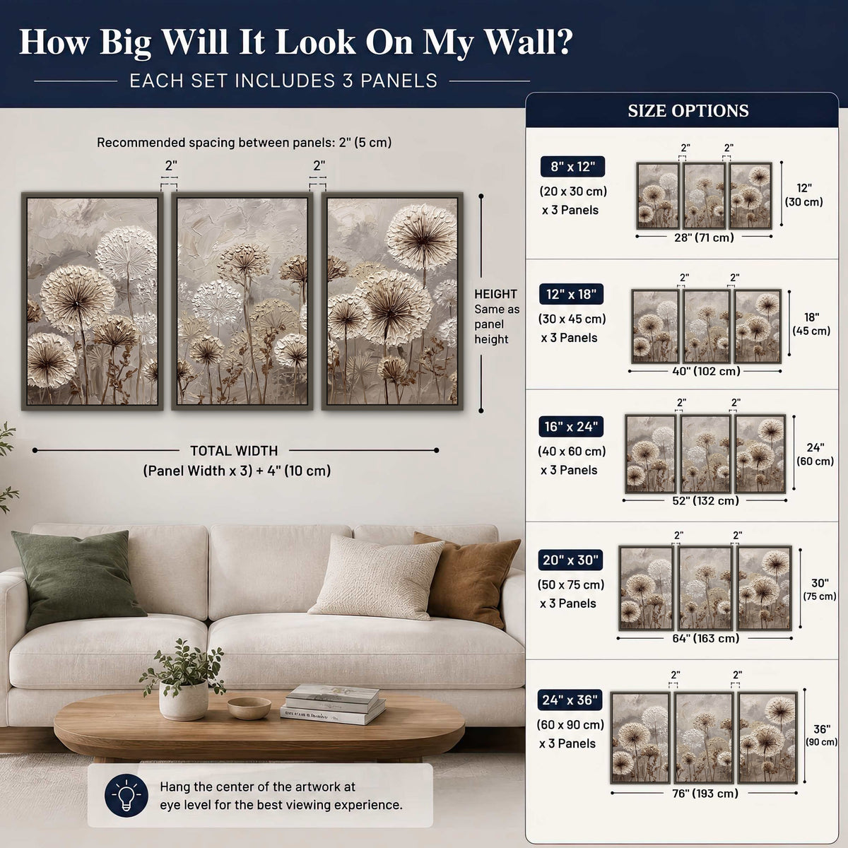 Textured dandelion painting 3 piece framed canvas size guide above a sofa