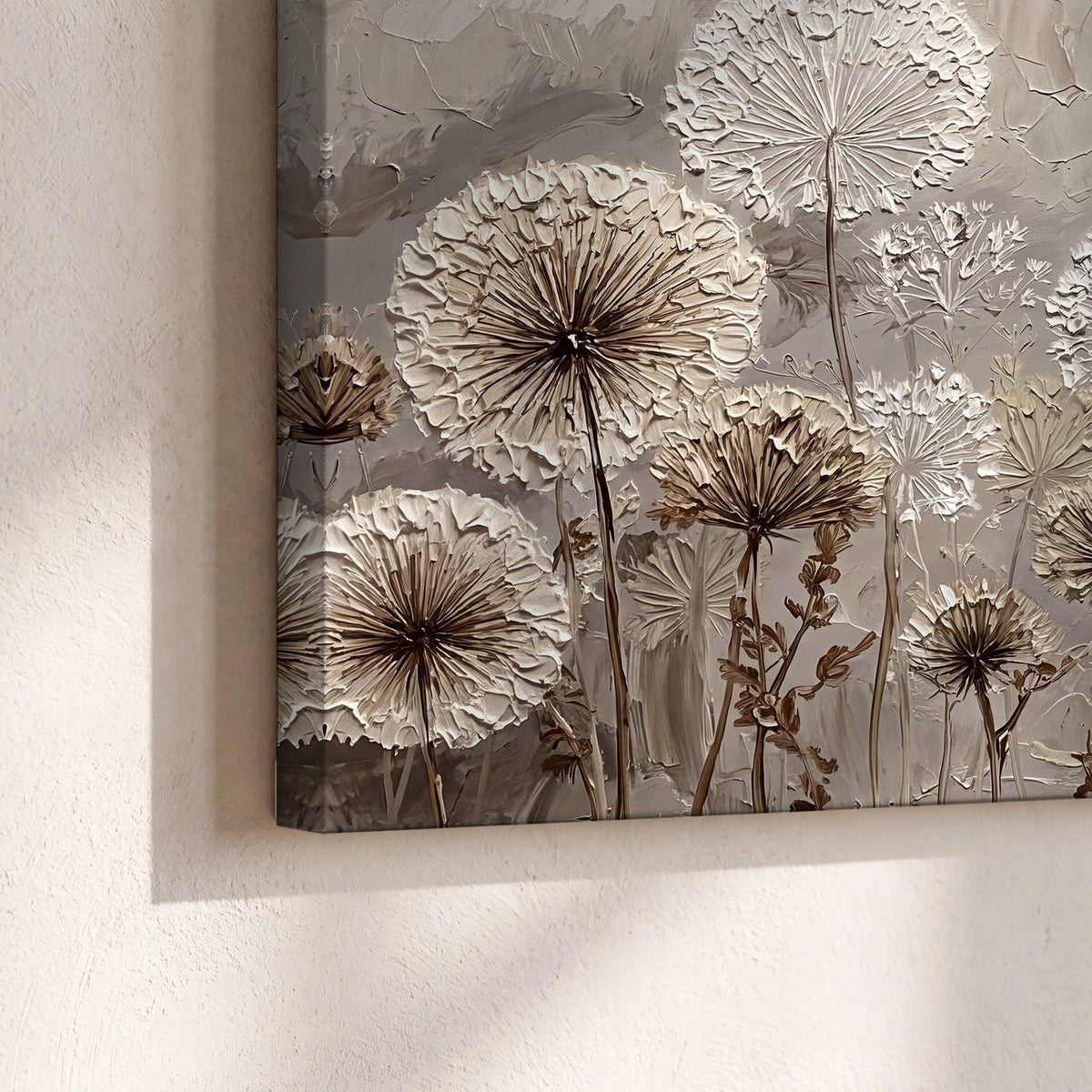 Textured dandelion painting canvas print close-up showing the gallery-wrapped edge