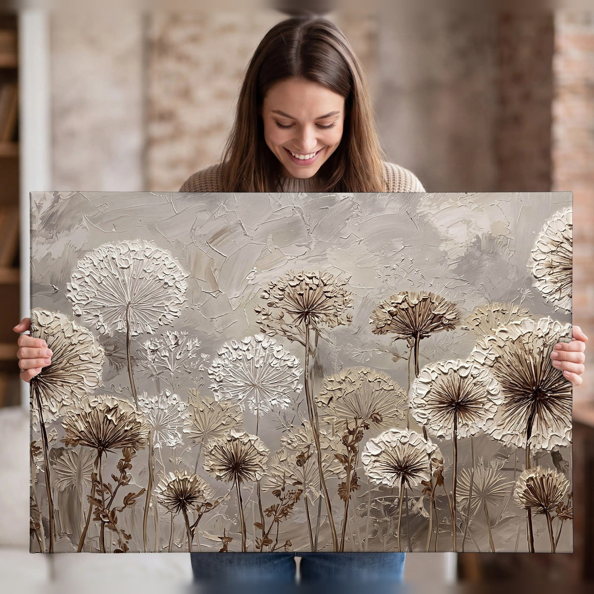 Textured dandelion painting canvas wall art held in hands