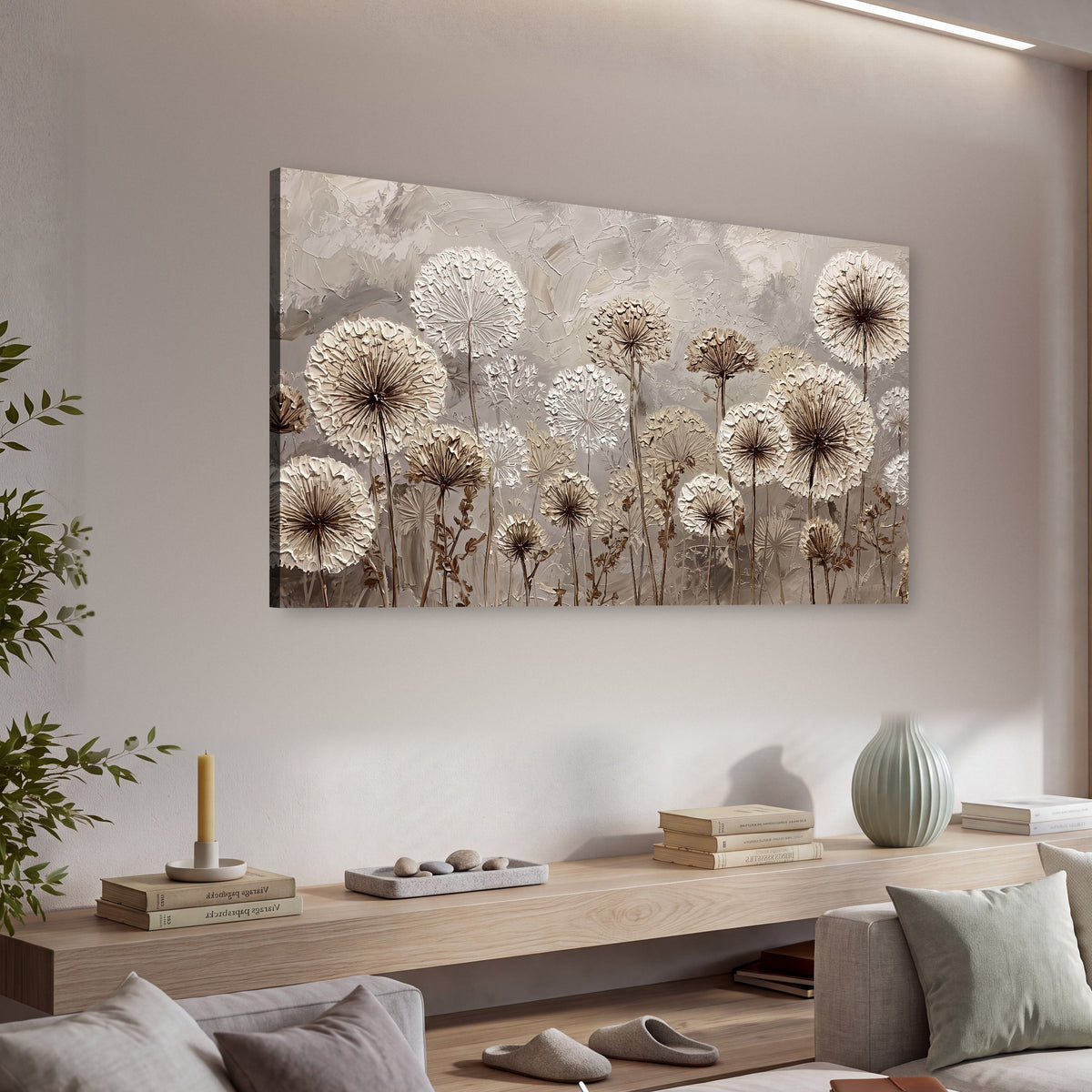Textured dandelion painting canvas wall art in a living room above a console