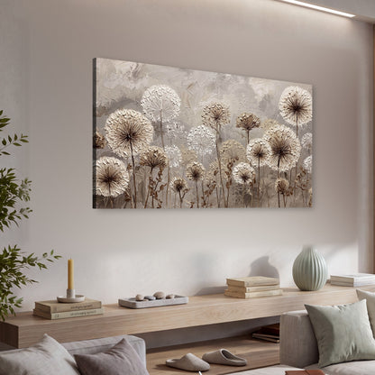 Textured dandelion painting canvas wall art in a living room above a console