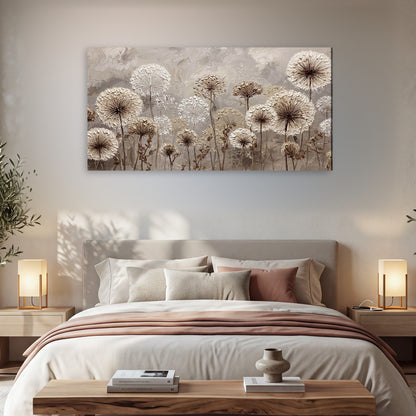 Textured dandelion painting canvas wall art in a bedroom above the bed