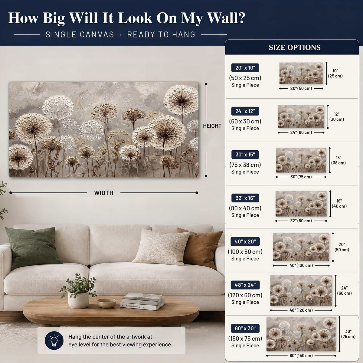 Textured dandelion painting canvas wall art size guide above a sofa