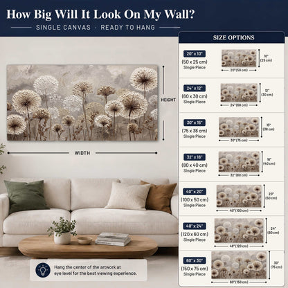 Textured dandelion painting canvas wall art size guide above a sofa