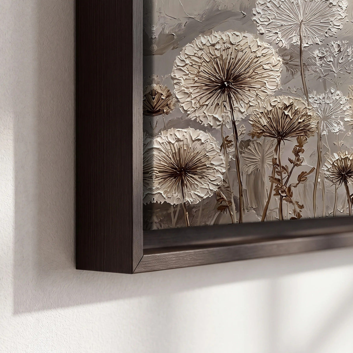 Textured dandelion painting framed canvas close-up showing the floating frame