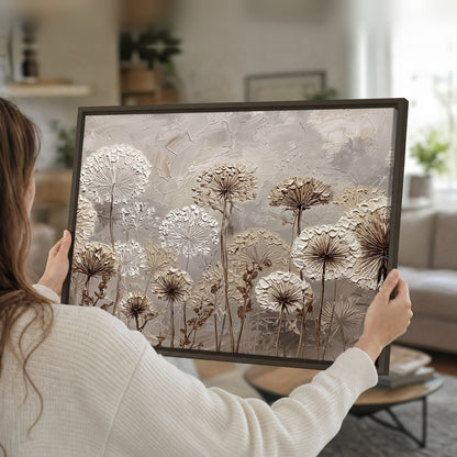 Textured dandelion painting framed canvas held in hands