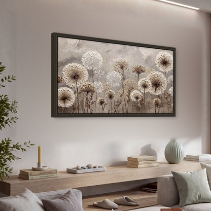 Textured dandelion painting framed canvas wall art in a living room above a console