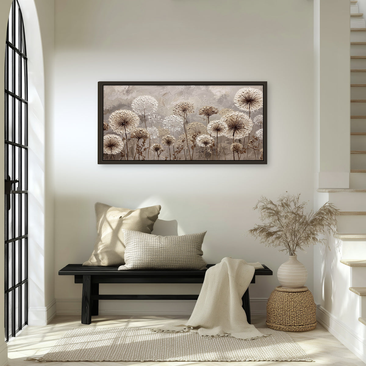 Textured dandelion painting framed canvas wall art in an entryway above a bench