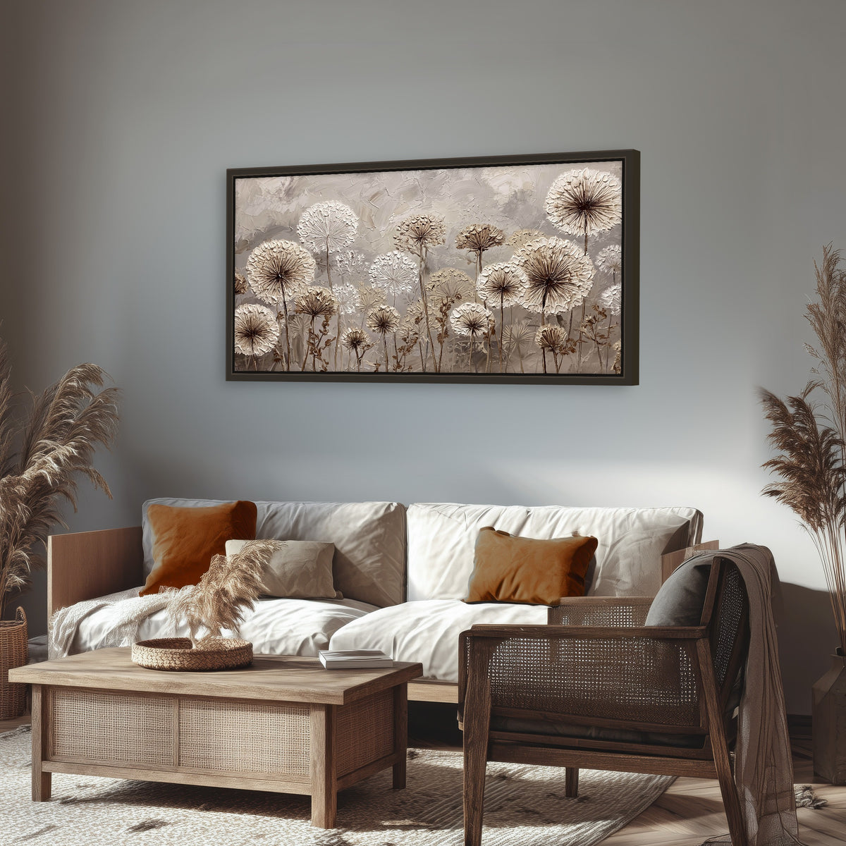 Textured dandelion painting framed canvas wall art in a rustic living room