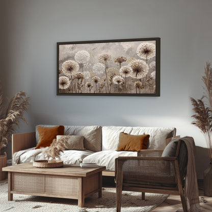 Textured dandelion painting framed canvas wall art in a rustic living room
