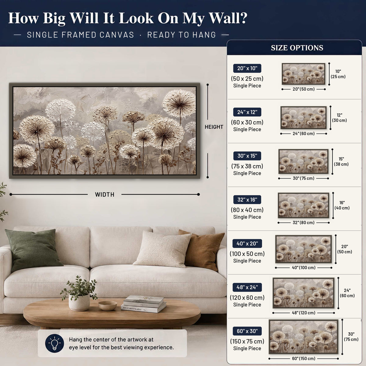 Textured dandelion painting framed canvas wall art size guide above a sofa