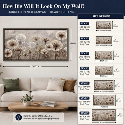 Textured dandelion painting framed canvas wall art size guide above a sofa