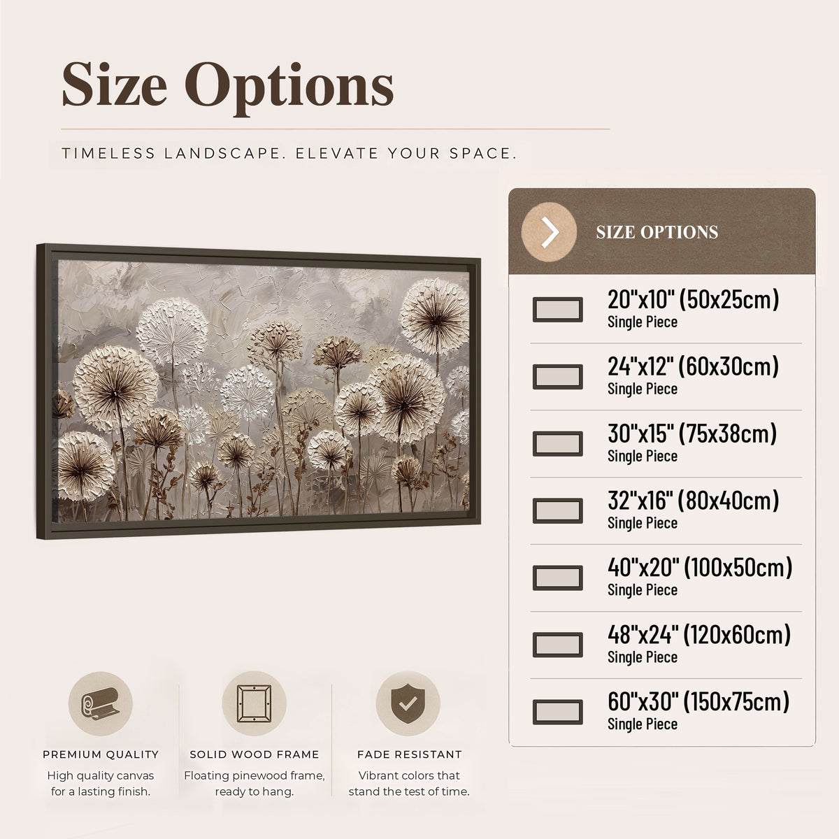 Textured dandelion painting framed canvas wall art size options