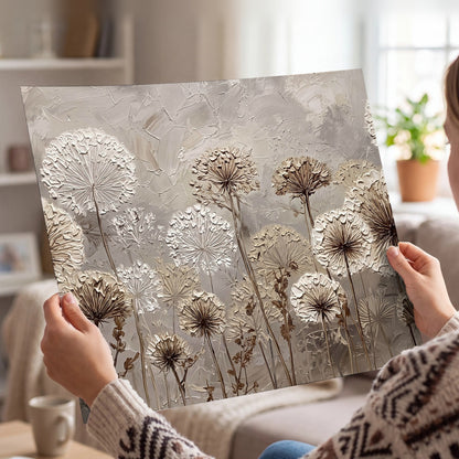 Textured dandelion painting poster print held in hands