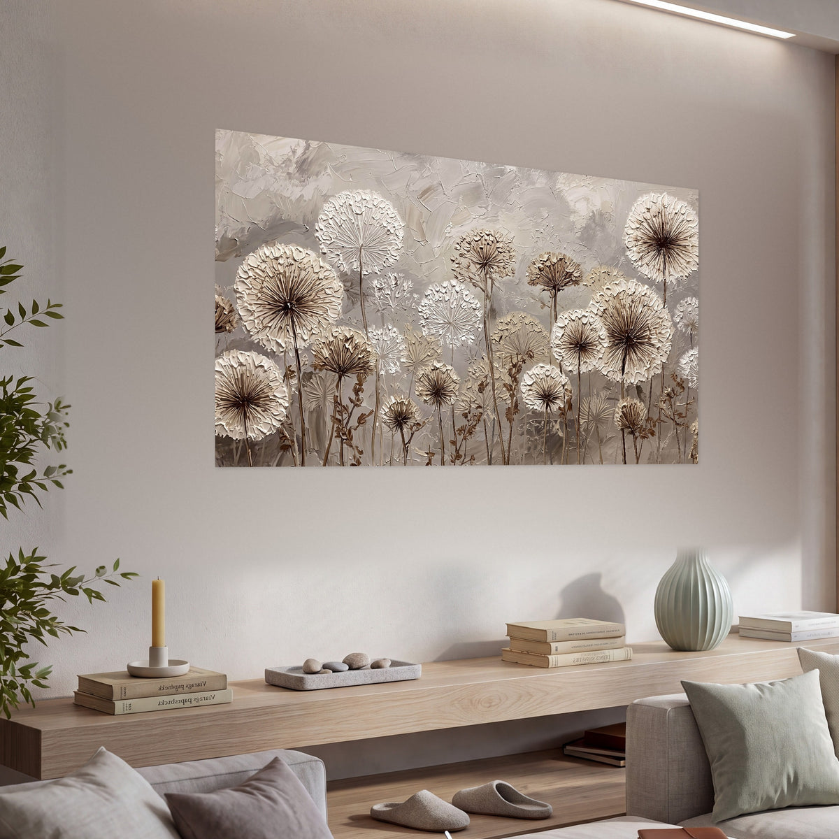 Textured dandelion painting poster print in a living room above a console