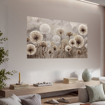Textured dandelion painting poster print in a living room above a console