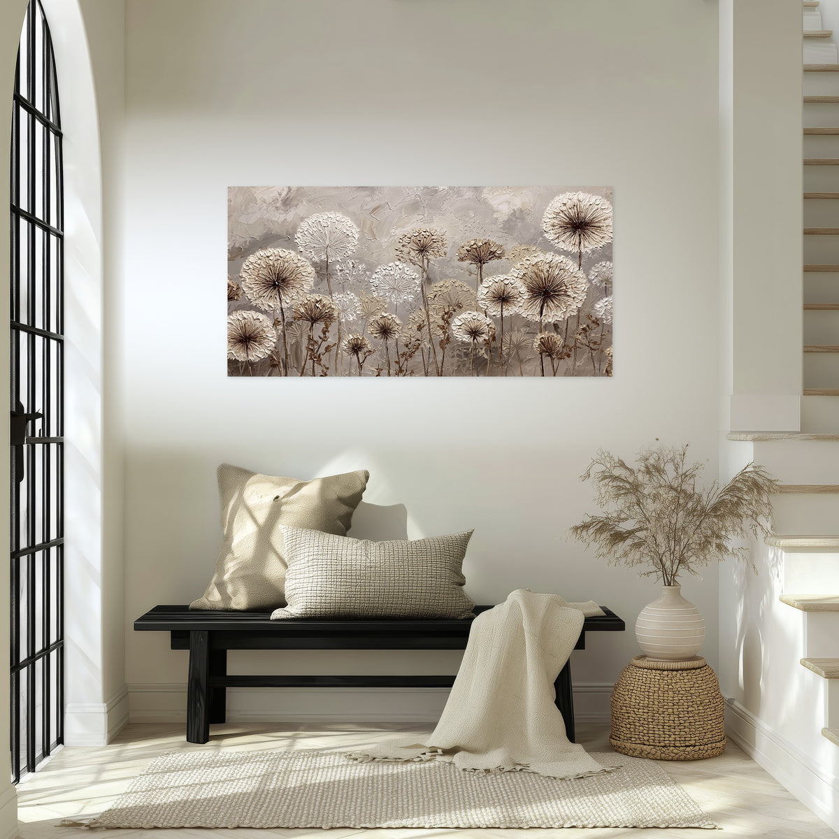 Textured dandelion painting poster print in an entryway above a bench