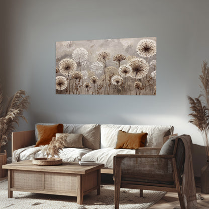 Textured dandelion painting poster print in a rustic living room