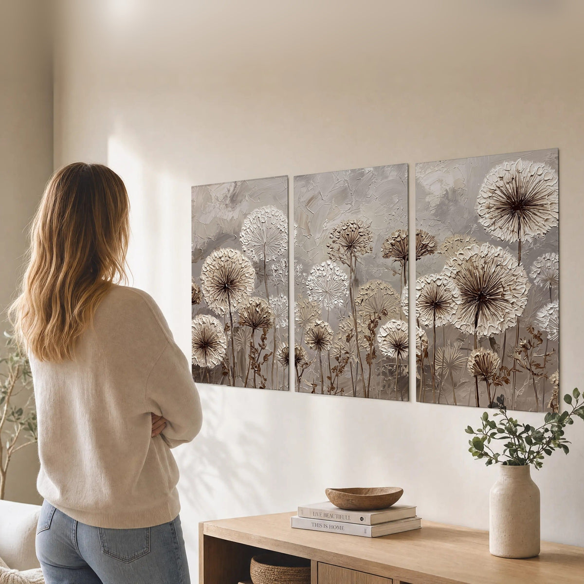 Textured dandelion painting set of 3 poster prints in a living room