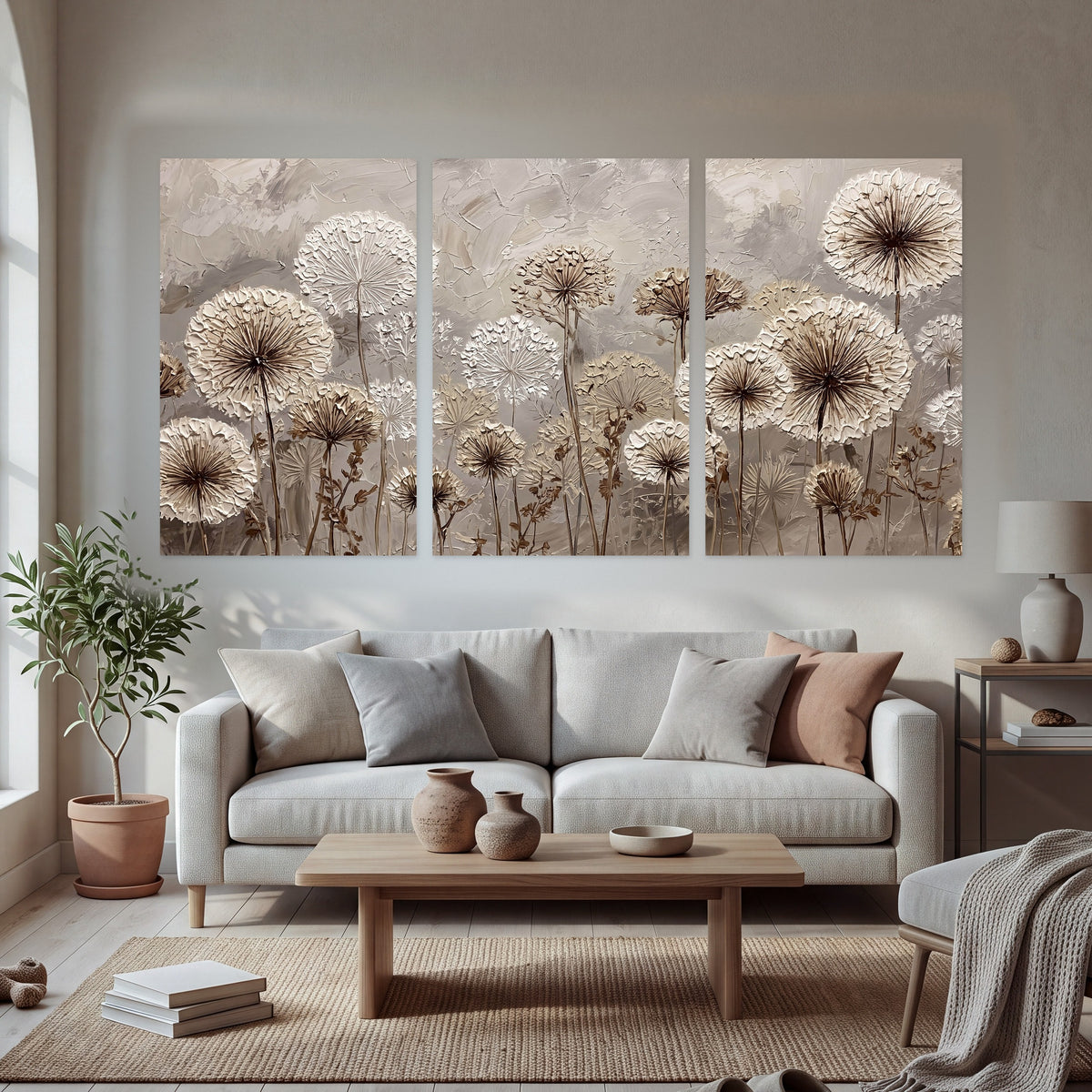 Textured dandelion painting set of 3 poster prints in a bright living room