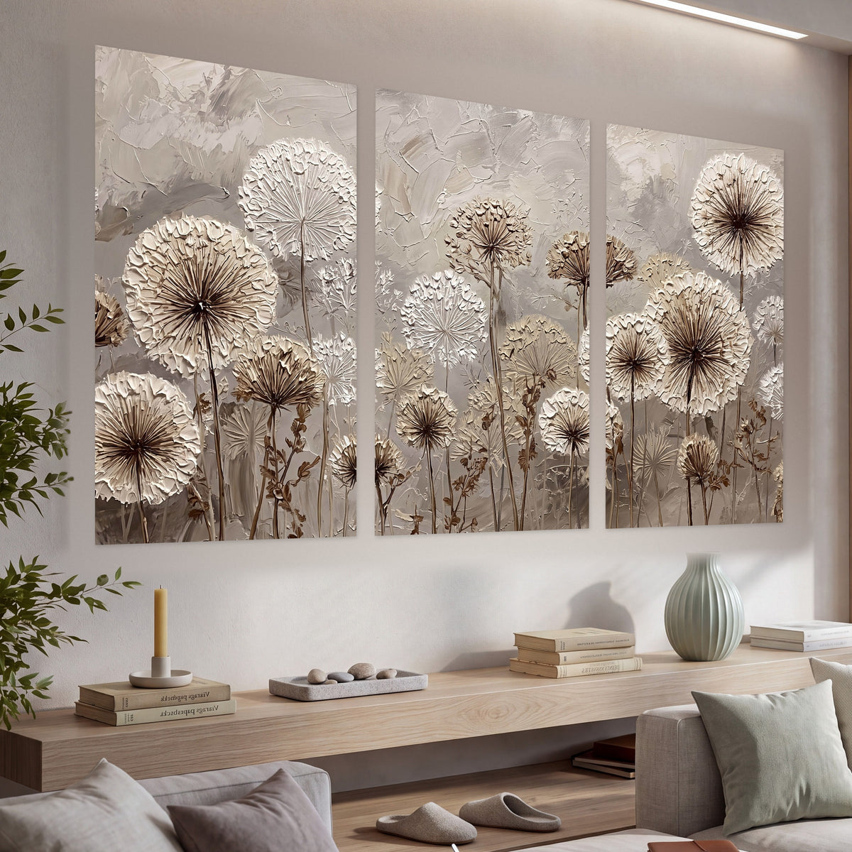 Textured dandelion painting set of 3 poster prints in a living room above a console