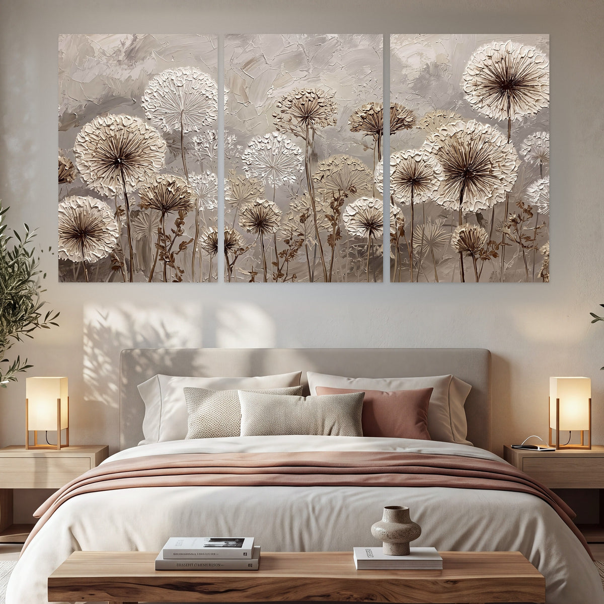 Textured dandelion painting set of 3 poster prints in a bedroom above the bed