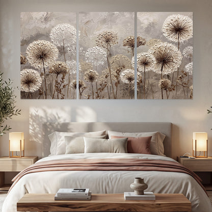 Textured dandelion painting set of 3 poster prints in a bedroom above the bed