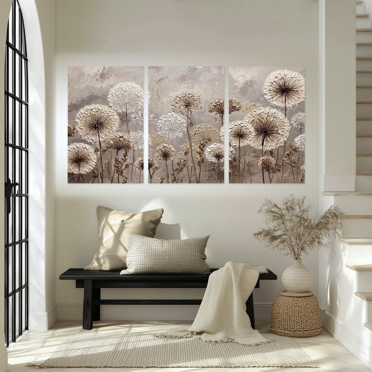 Textured dandelion painting set of 3 poster prints in an entryway above a bench