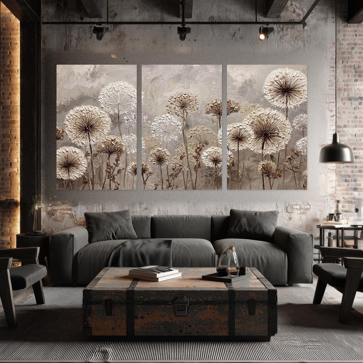 Textured dandelion painting set of 3 poster prints in an industrial loft