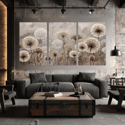 Textured dandelion painting set of 3 poster prints in an industrial loft