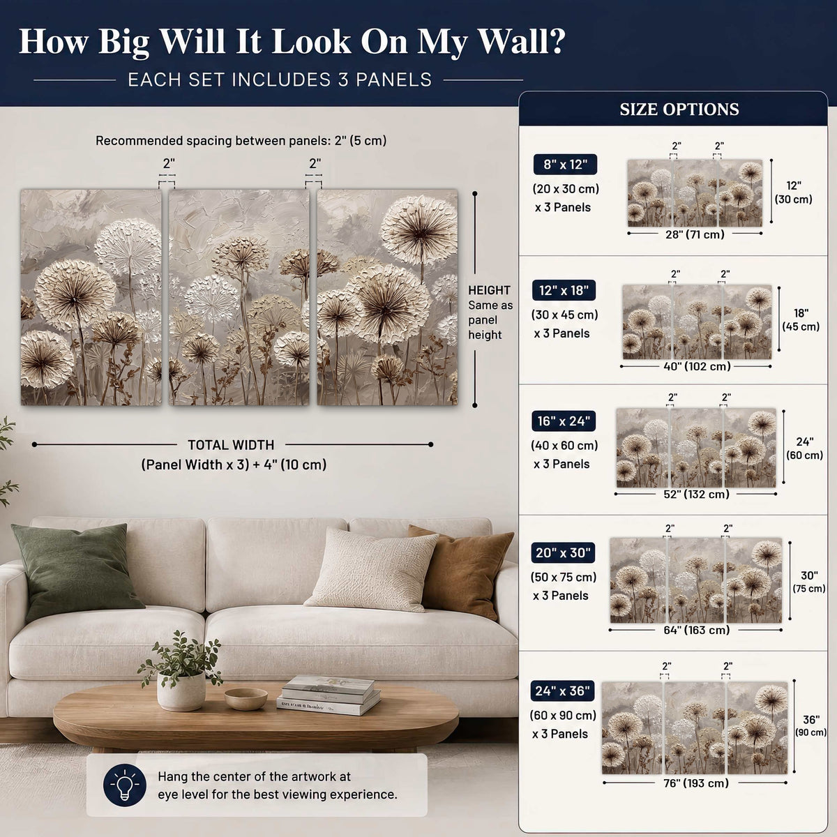 Textured dandelion painting set of 3 poster prints size guide above a sofa