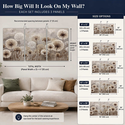 Textured dandelion painting set of 3 poster prints size guide above a sofa
