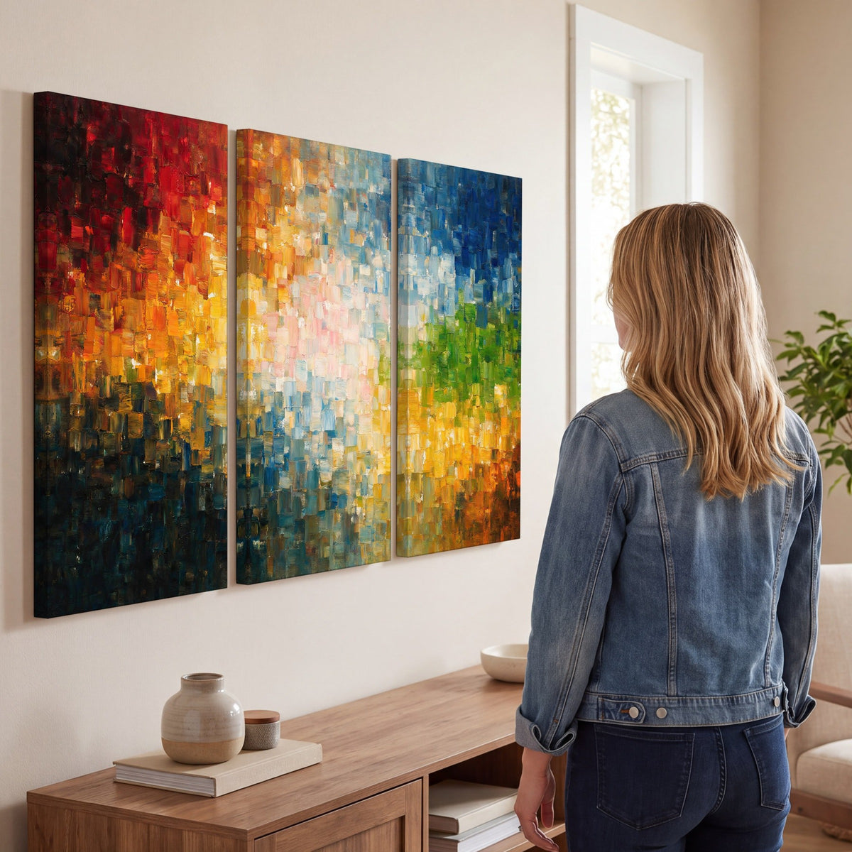 Colorful mosaic abstract painting 3 piece canvas wall art in a living room