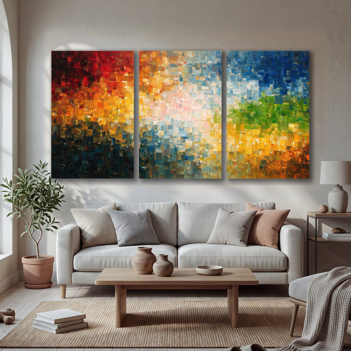 Colorful mosaic abstract painting 3 piece canvas wall art in a bright living room