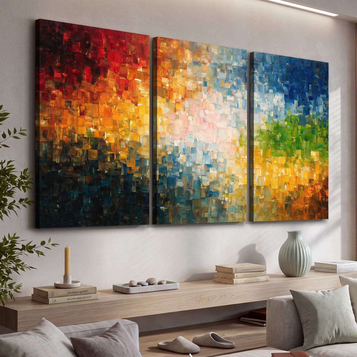 Colorful mosaic abstract painting 3 piece canvas wall art in a living room above a console