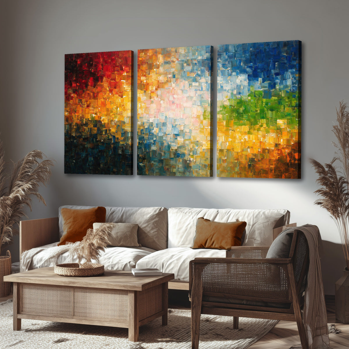 Colorful mosaic abstract painting 3 piece canvas wall art in a rustic living room