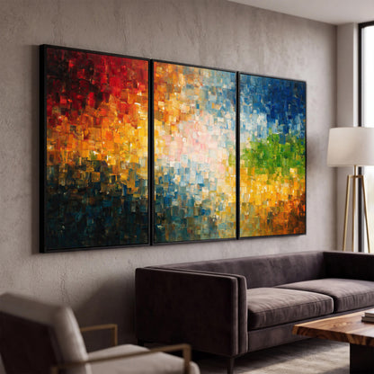 Colorful mosaic abstract painting 3 piece canvas wall art in a modern living room