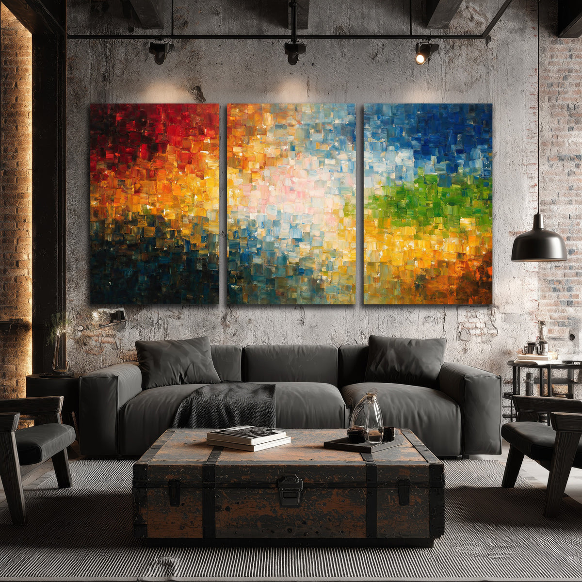 Colorful mosaic abstract painting 3 piece canvas wall art in an industrial loft