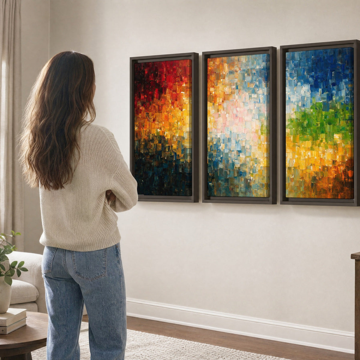 Colorful mosaic abstract painting 3 piece framed canvas in a living room