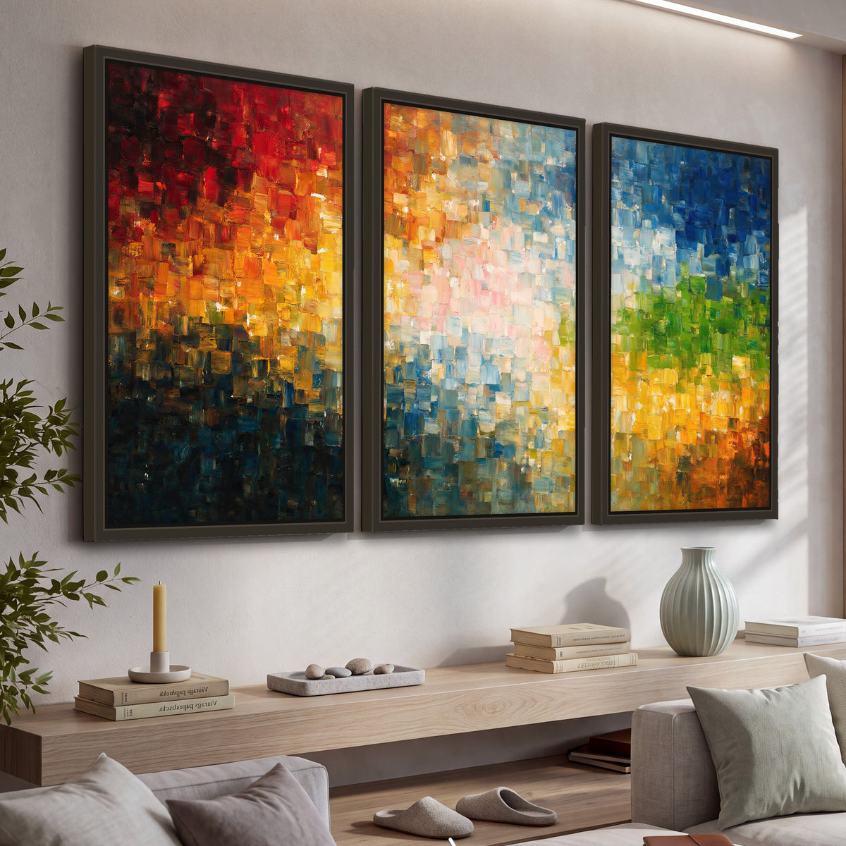 Colorful mosaic abstract painting 3 piece framed canvas in a living room above a console
