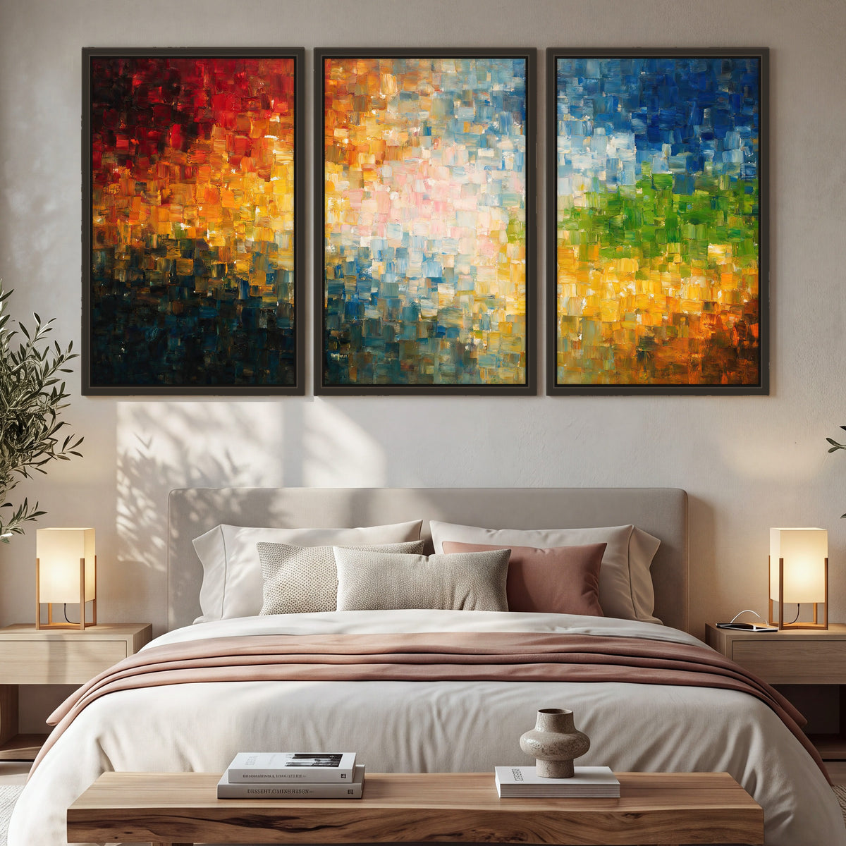 Colorful mosaic abstract painting 3 piece framed canvas in a bedroom above the bed