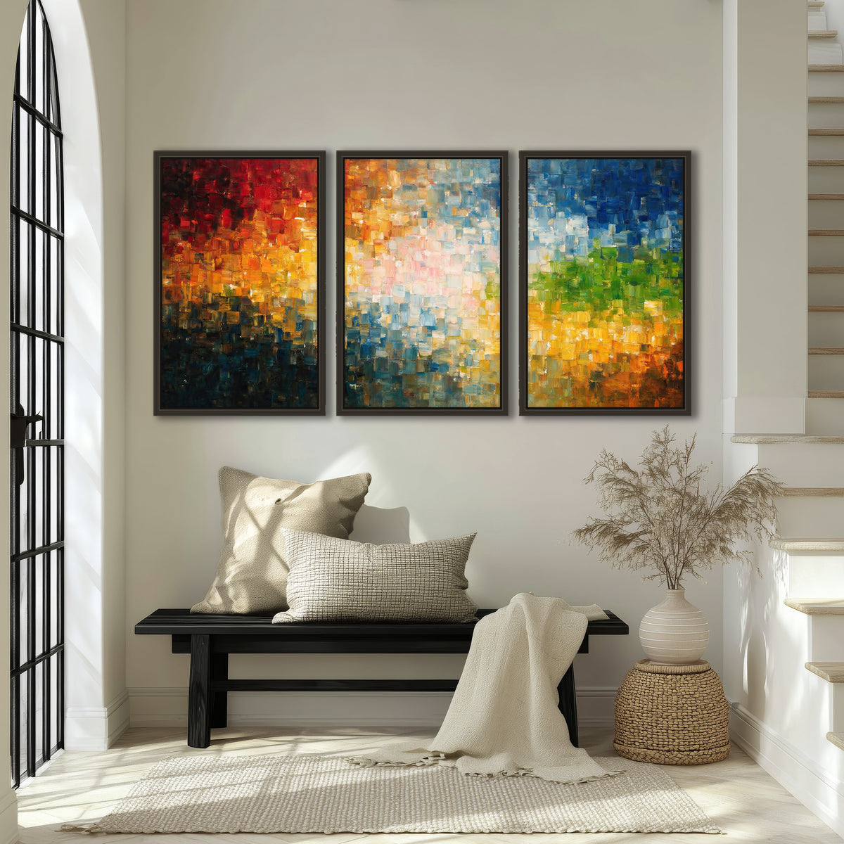 Colorful mosaic abstract painting 3 piece framed canvas in an entryway above a bench
