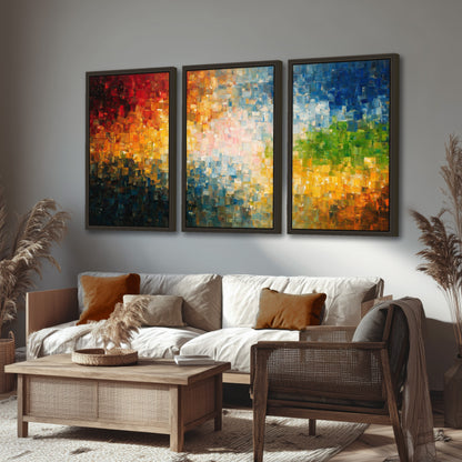 Colorful mosaic abstract painting 3 piece framed canvas in a rustic living room