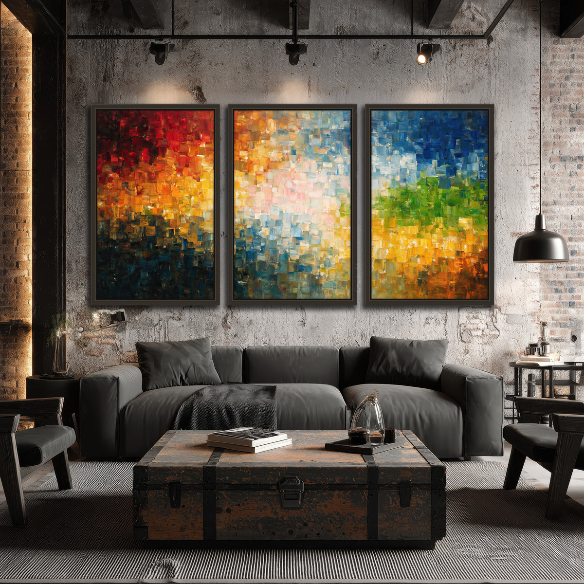 Colorful mosaic abstract painting 3 piece framed canvas in an industrial loft
