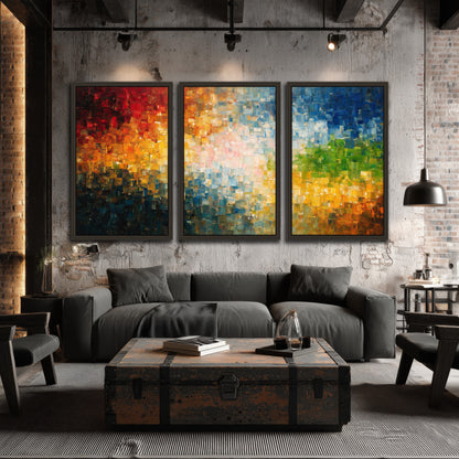 Colorful mosaic abstract painting 3 piece framed canvas in an industrial loft