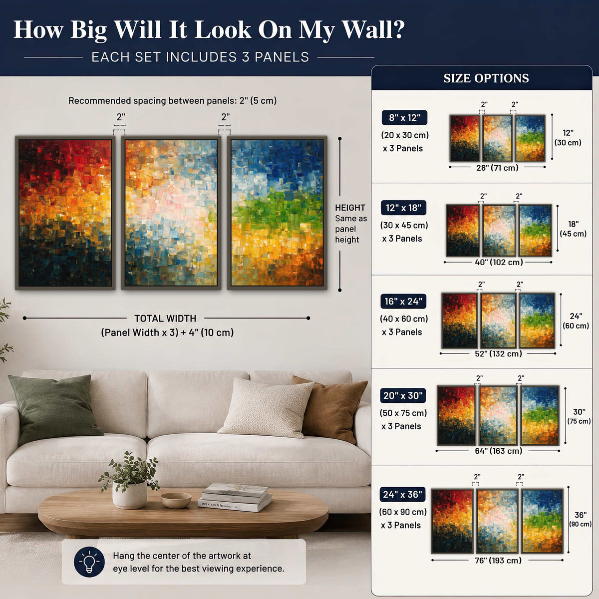 Colorful mosaic abstract painting 3 piece framed canvas size guide above a sofa