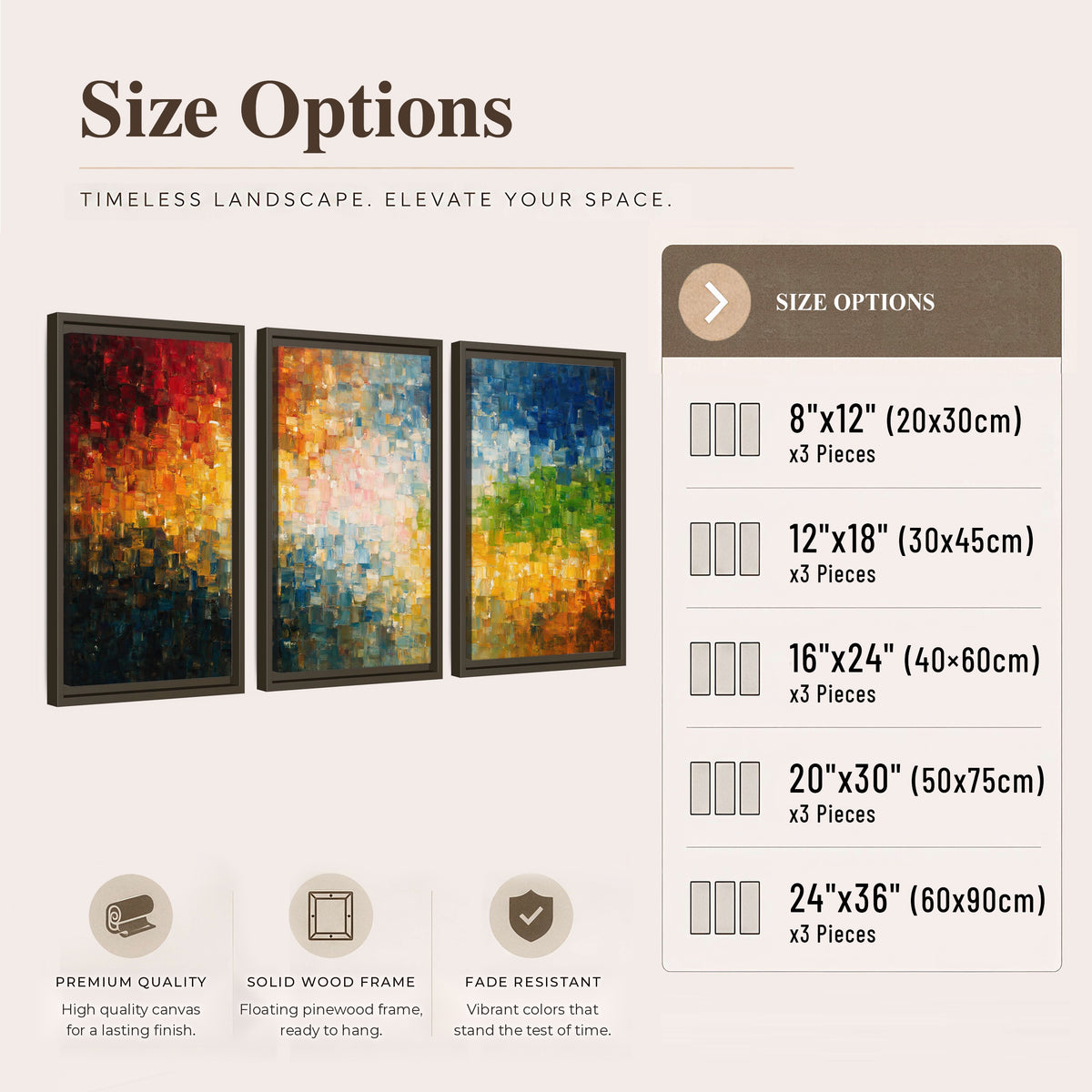 Colorful mosaic abstract painting 3 piece framed canvas size options