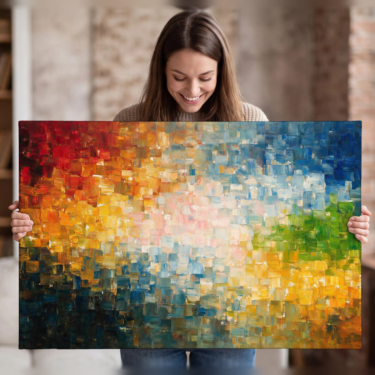 Colorful mosaic abstract painting canvas wall art held in hands